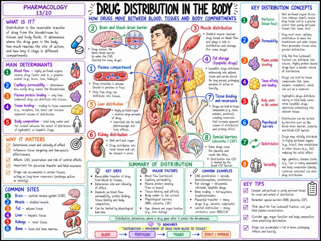 Pharmacology 13/20: Drug Distribution in the Body โ Blood Flow, BBB, Protein Binding & Reservoirs