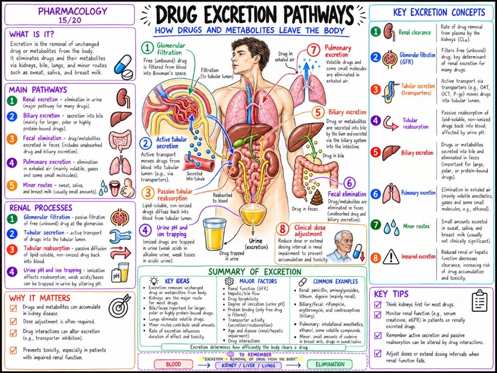 Pharmacology 15/20: Drug Excretion Pathways โ Renal Filtration, Tubular Secretion, Biliary & Pulmonary